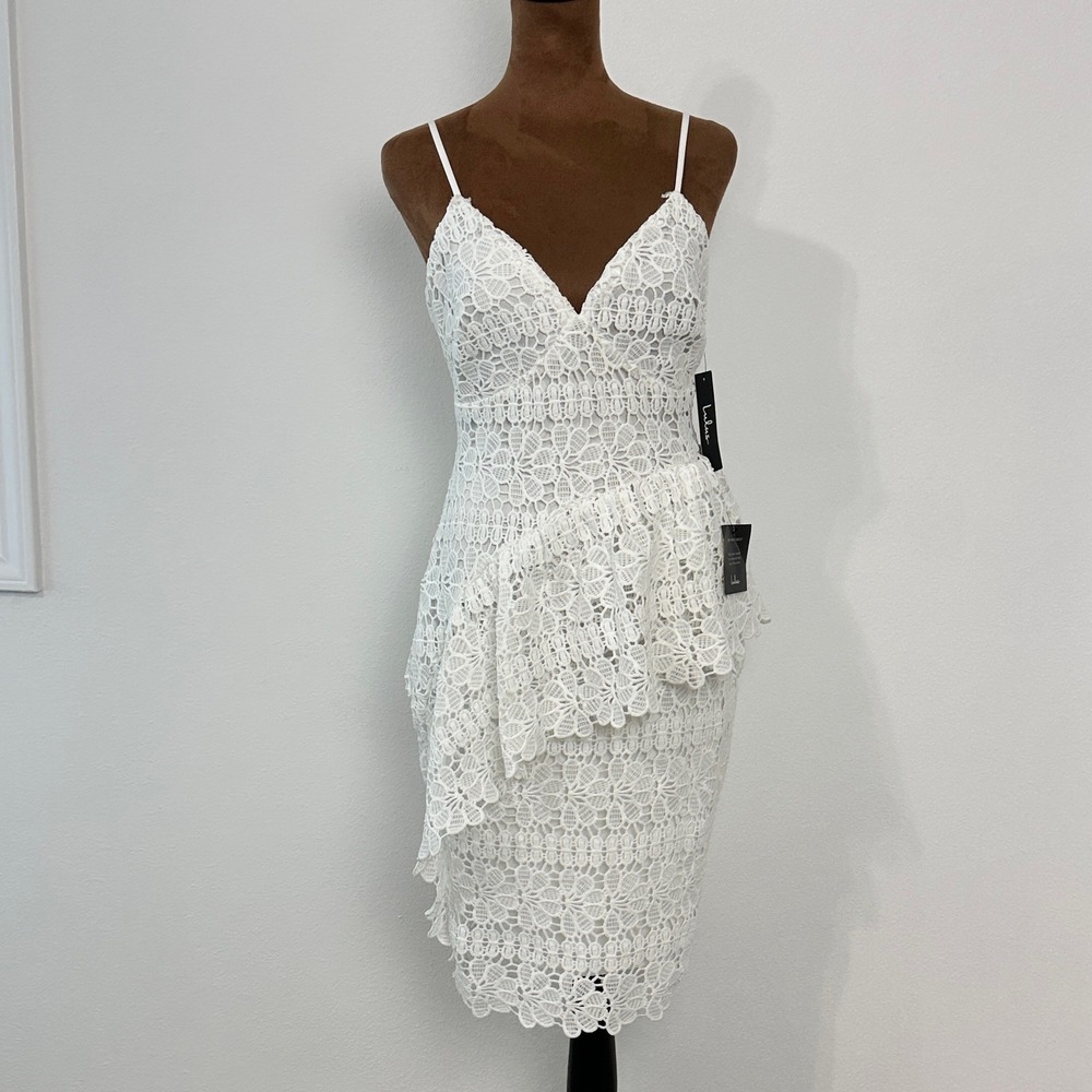 Lulus Lace Ruffle Sheath Dress Womens Small White New with tggs
